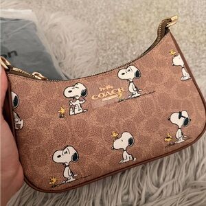 Coach Brown Signature Snoopy Mini Shoulder Bag with Gold Hardware